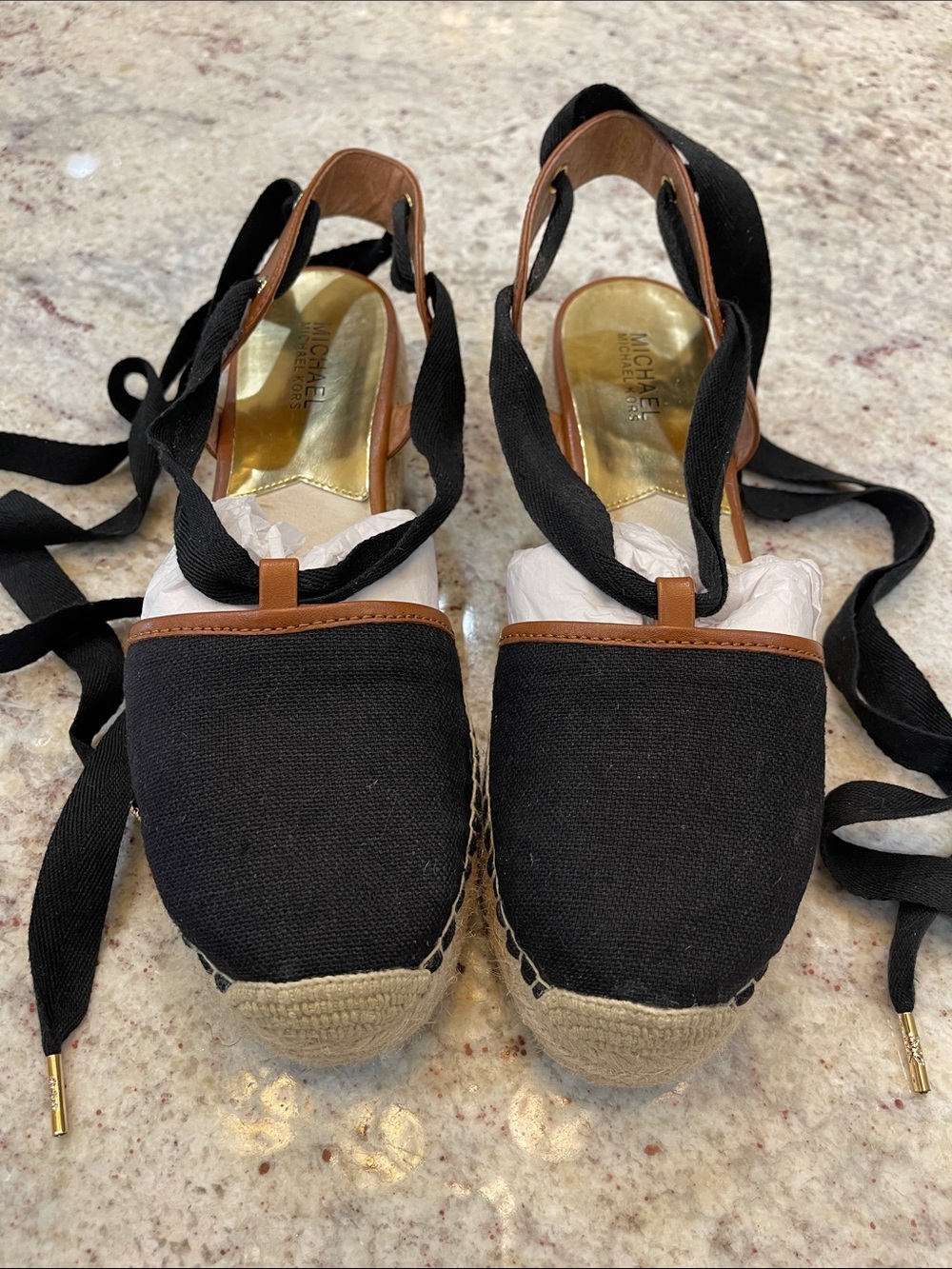MICHAEL Michael Kors Lilah Lace-Up Espadrille Wedges Black Canvas Size 11